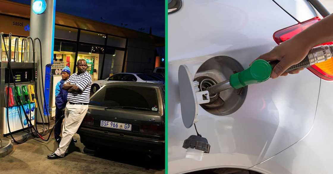 A man filling his tank up at a petrol station in Gauteng, and a petrol pump at a South African petrol station