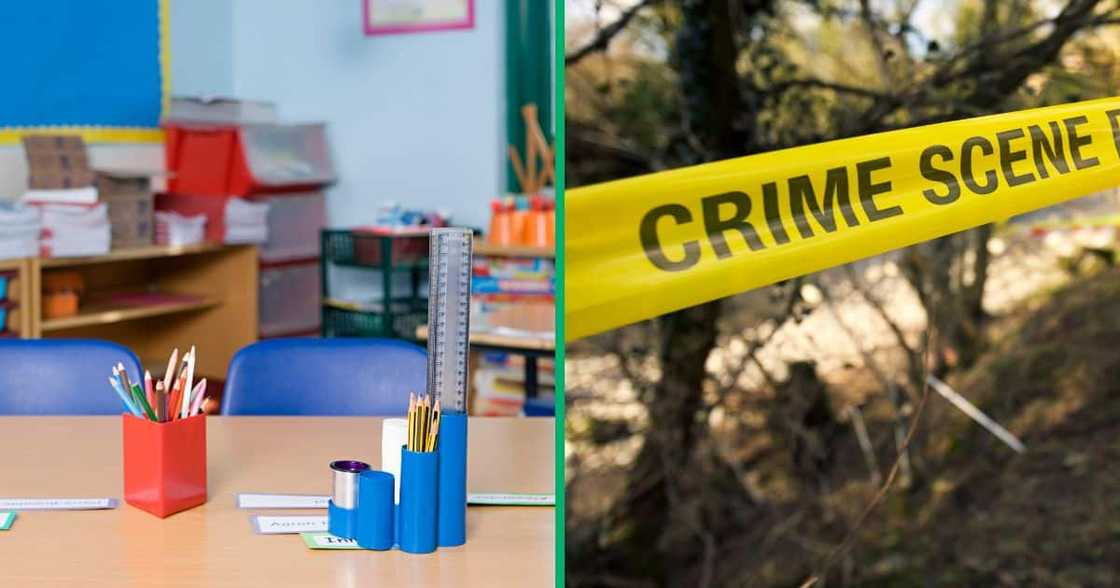 Collage image of an empty classroom and police crime scene tape Collage image of an empty classroom and police crime scene tape