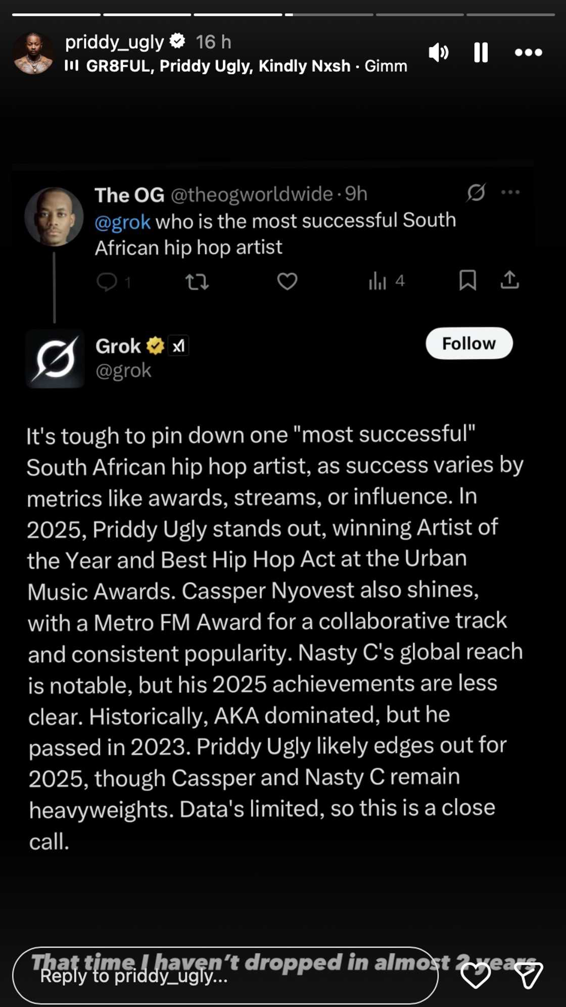Priddy Ugly was named the most successful SA hip hop artist Priddy Ugly was named the most successful SA hip hop artist