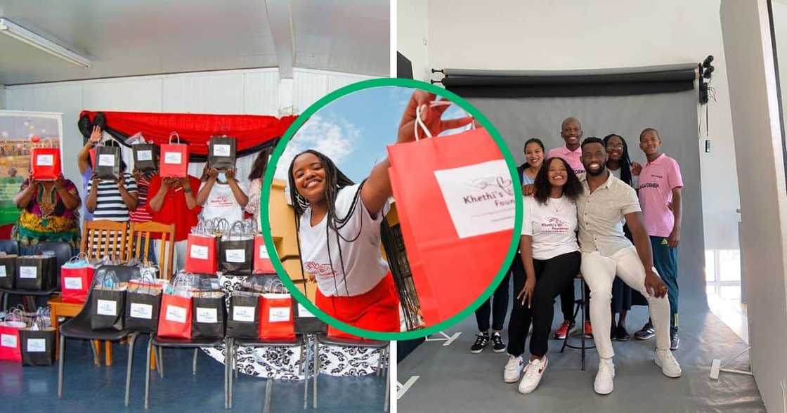 Young actvist helps women with comfort bags.