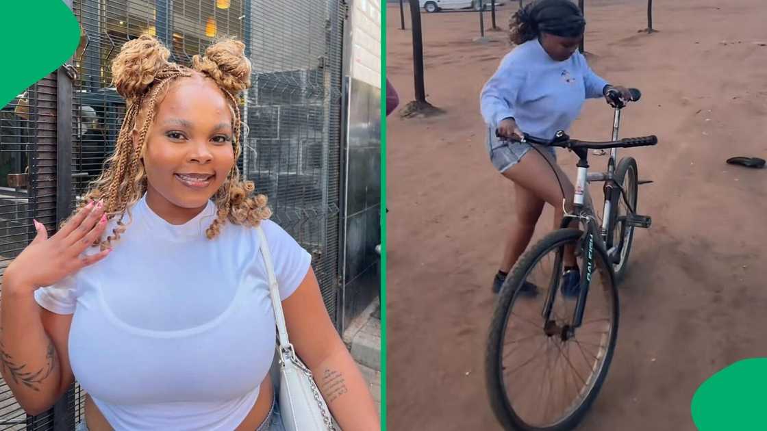 A TikTok video shows a woman trying to ride a bicycle, leavingSA in stitches.