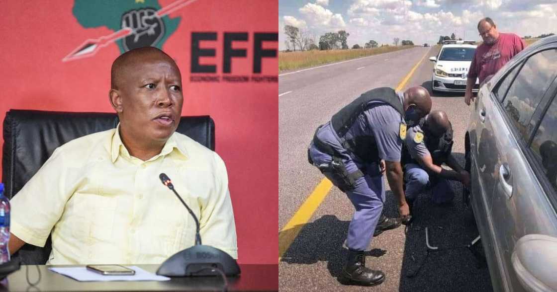 Julius Malema sparks controversy with Twitter post of cops changing tyre Julius Malema sparks controversy with Twitter post of cops changing tyre