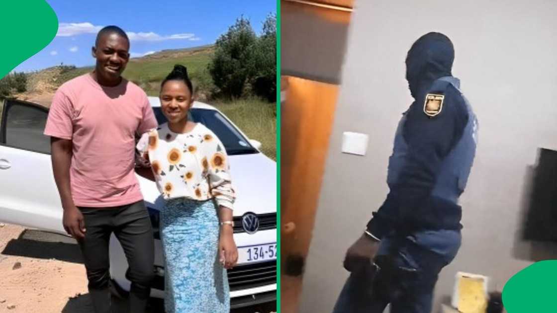 A woman shared a video of her SAPS husband wearing a mask.