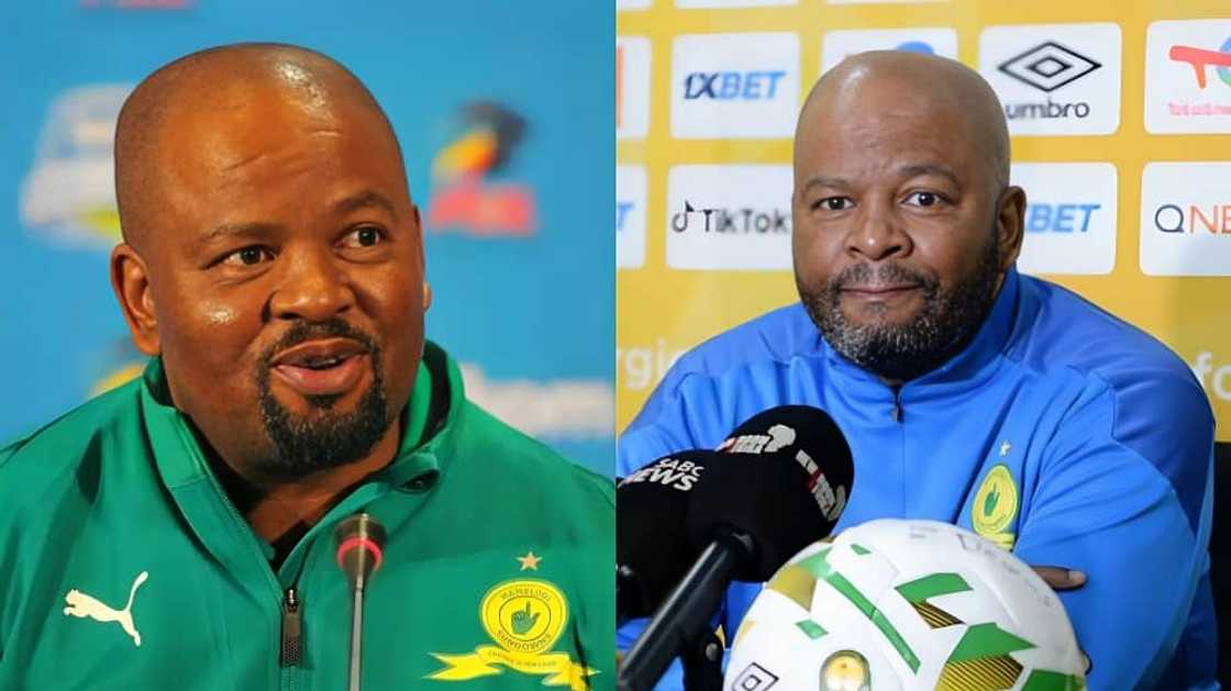 Manqoba Mngqithi speaks to the press in green and blue sportswear Manqoba Mngqithi speaks to the press in green and blue sportswear