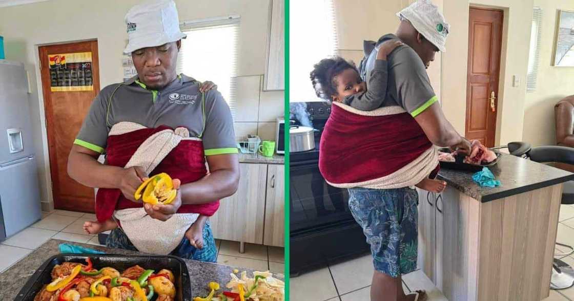 A South African man cooking with his daughter on his back wowed online users. A South African man cooking with his daughter on his back wowed online users.