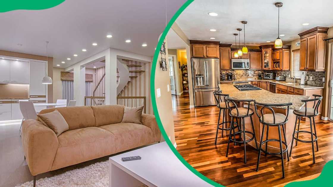 A beige couch in a living room and a brown kitchen island with barstools