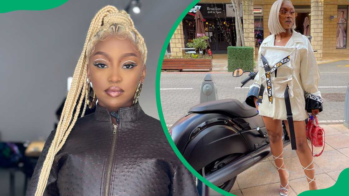 Kamo Mphela in blonde braids and a black leather jacket and the singer in a cream shirt dress and strappy heels