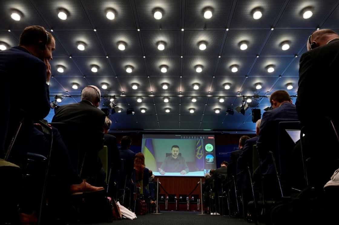 Ukrainian President Volodymyr Zelensky speaking during the German-Ukrainian business forum in Berlin, on October 24, 2023 Ukrainian President Volodymyr Zelensky speaking during the German-Ukrainian business forum in Berlin, on October 24, 2023