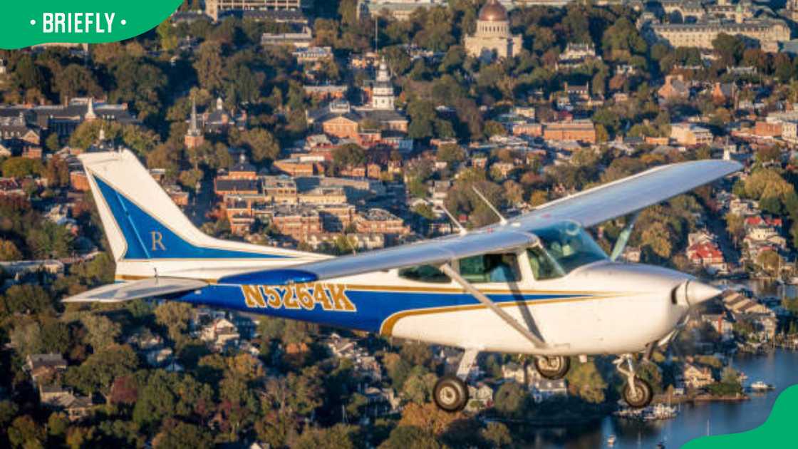 A Cessna 172 taking a sunset flight