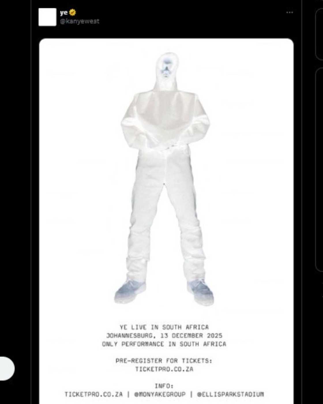 Kanye West announces South Africa concert on X Kanye West announces South Africa concert on X