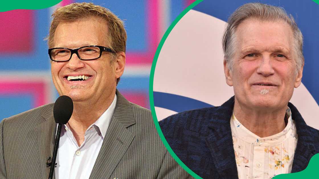 Drew Carey speaks during The Price Is Right TV show (L). The TV host attends the CBS fall schedule celebration (R)