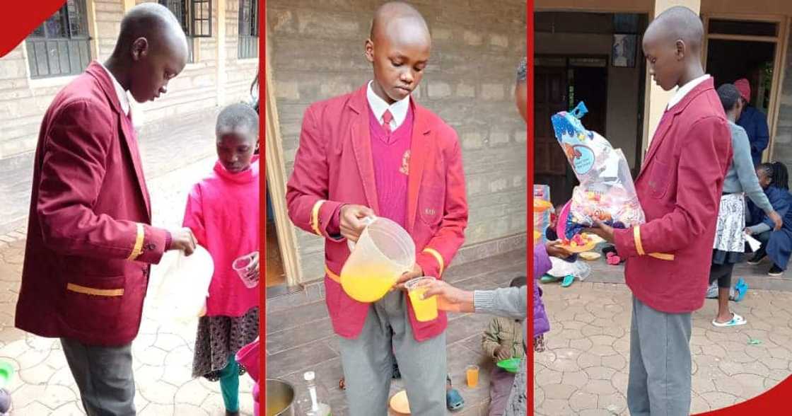 High school student Remmy Kigen serving juice and snacks to children's home kids. High school student Remmy Kigen serving juice and snacks to children's home kids.