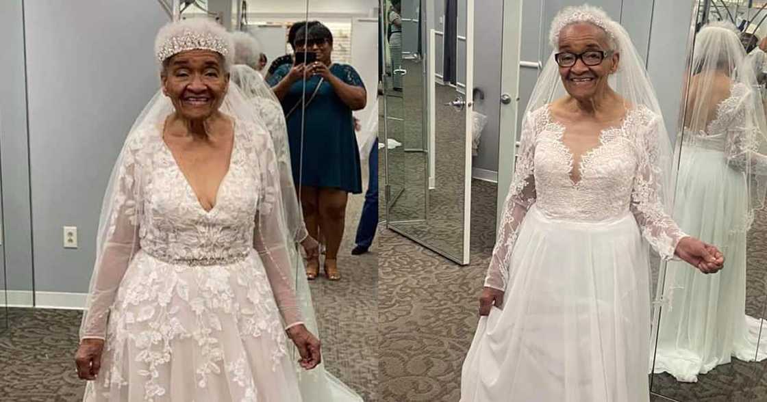 94-year-old wearing bridal gown. 94-year-old wearing bridal gown.