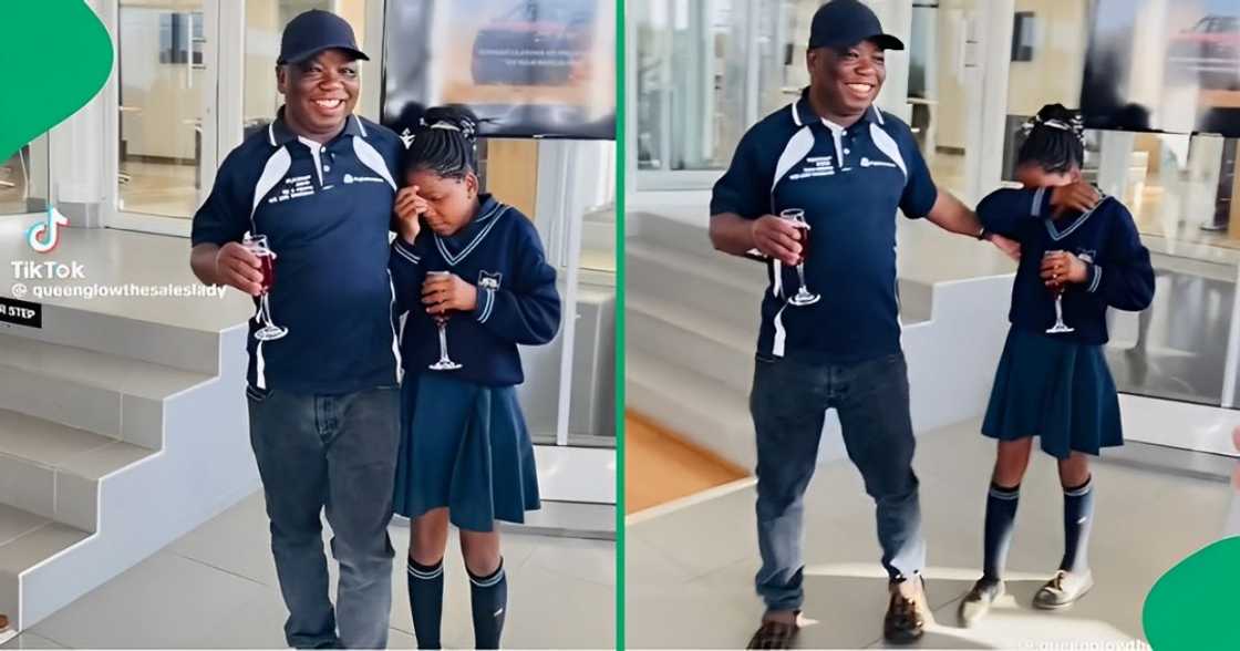 A father celebrated his new car with his daughter A father celebrated his new car with his daughter