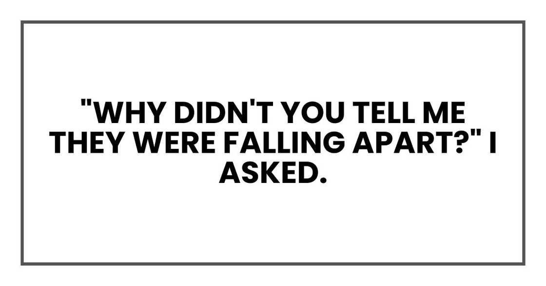 "Why didn't you tell me they were falling apart?" I asked. "Why didn't you tell me they were falling apart?" I asked.