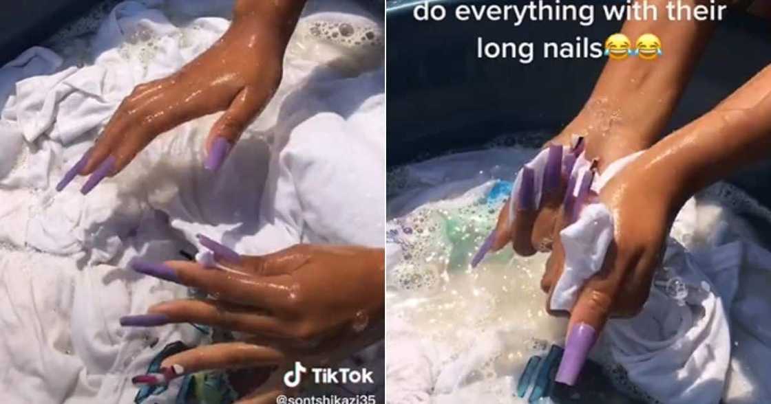 Woman hand washes clothes with long nails. Woman hand washes clothes with long nails.