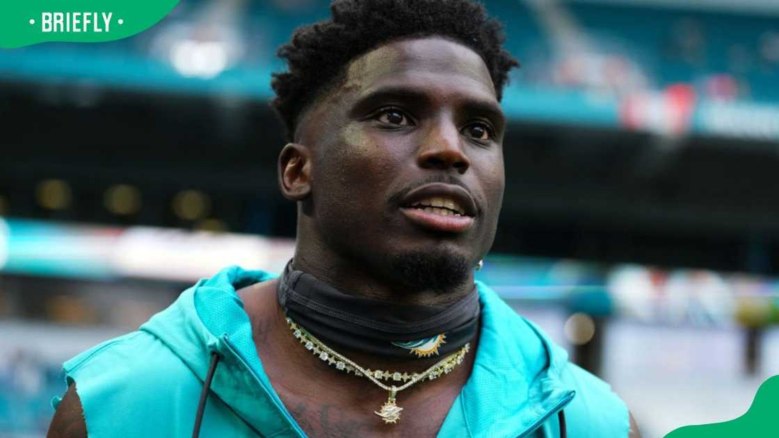 Tyreek Hill at a 2024 preseason game against the Atlanta Falcons at Hard Rock Stadium Tyreek Hill at a 2024 preseason game against the Atlanta Falcons at Hard Rock Stadium