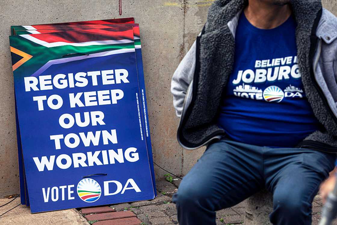 JOHANNESBURG, SOUTH AFRICA - MAY 25: Democratic Alliance (DA) party placards displayed during the launch of DA's first election posters on May 25, 2026 in Johannesburg, South Africa