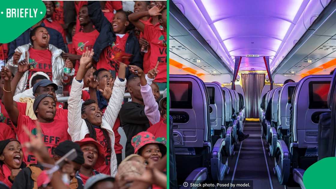 EFF supporters were seen chanting and dancing during a flight to East London
