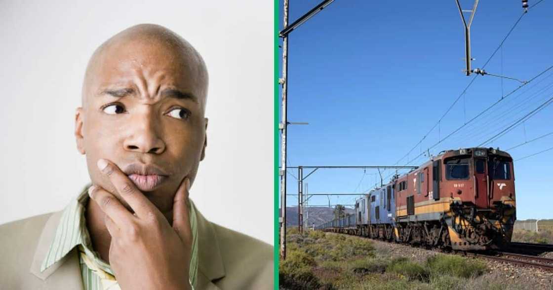 Stock photo of a confused man and a Transnet train Stock photo of a confused man and a Transnet train
