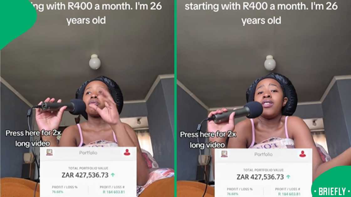 The screenshot on the right showed how much Sakhile has in her investment portfolio The screenshot on the right showed how much Sakhile has in her investment portfolio
