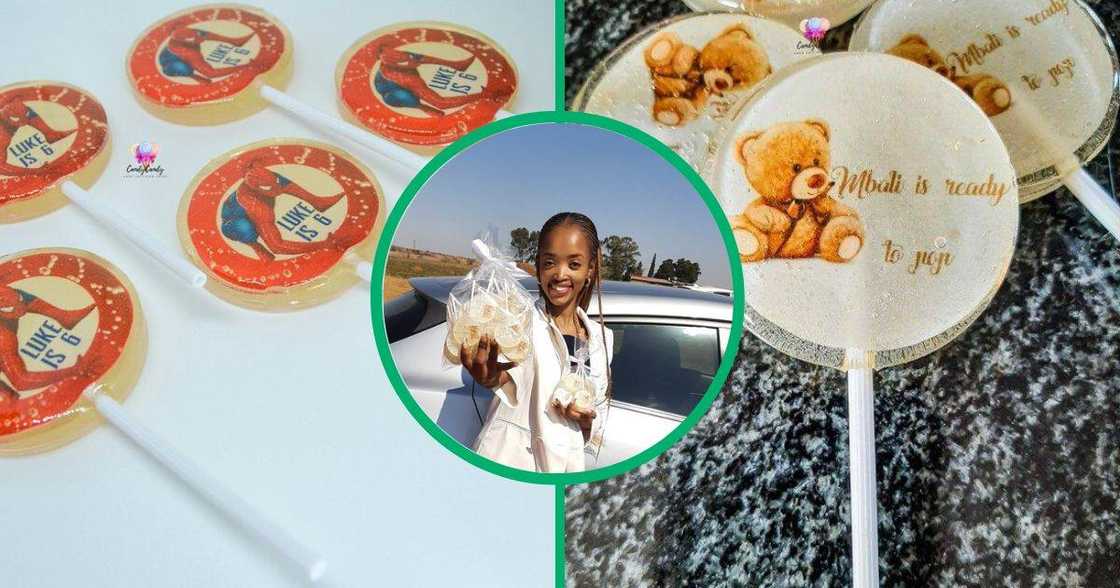 Young woman creates lollipos with customised designs. Young woman creates lollipos with customised designs.