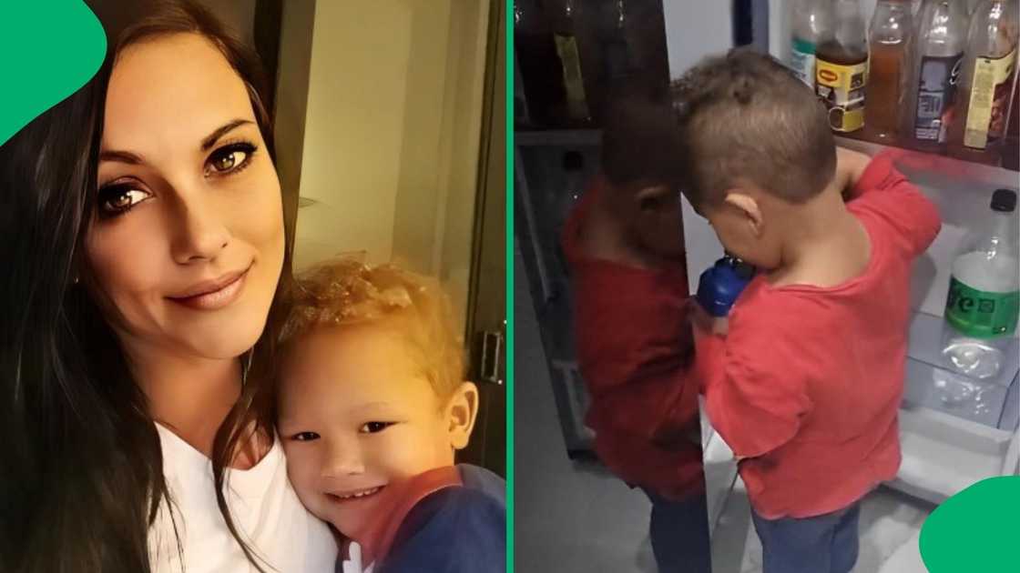 A mother caught her young son pouring beer into his bottle. A mother caught her young son pouring beer into his bottle.