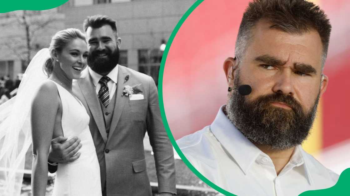 Kylie and Jason Kelce at their wedding in 2018 (L). Jason at a 2024 NFL game between the San Francisco 49ers and New York Jets (R).