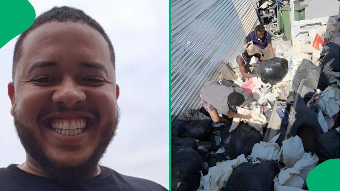 A man pranked a few men by hiding rubber snakes in the trash. A man pranked a few men by hiding rubber snakes in the trash.