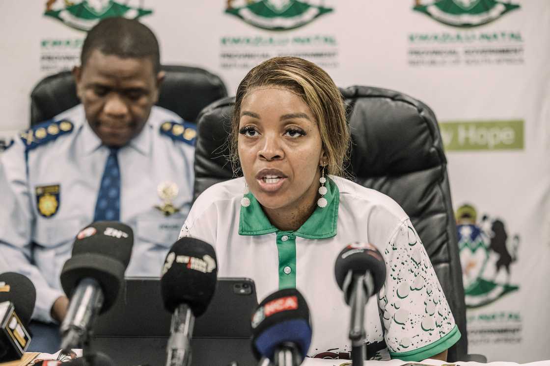 Leader of the March and March Movement, South African radio personality, activist, and event organizer Jacinta Ngobese-Zuma addresses a press conference held in Durban on May 8, 2026