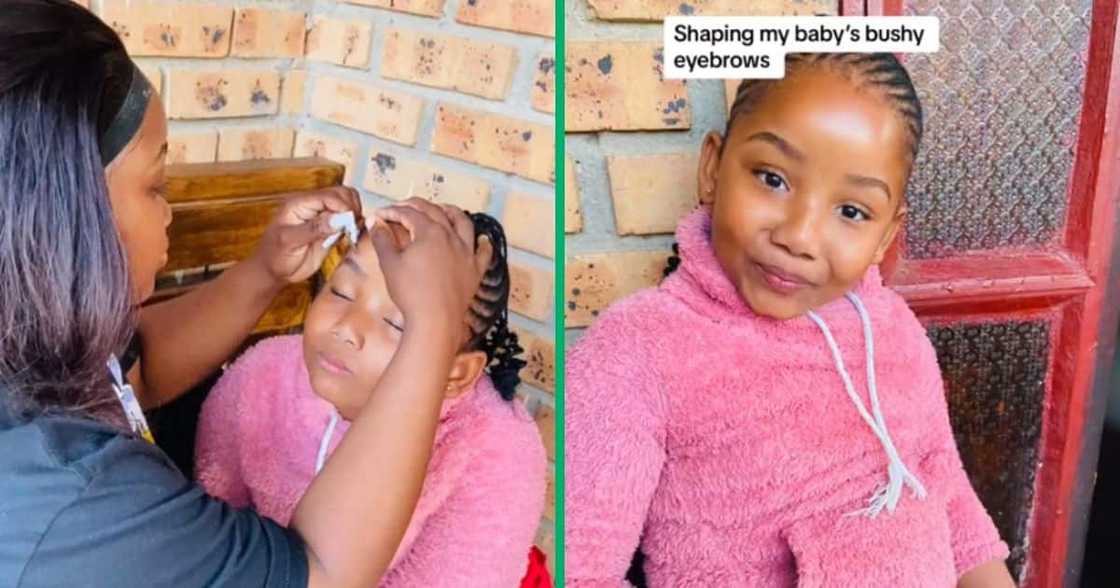 Mom shapes daughter's eyebrows Mom shapes daughter's eyebrows