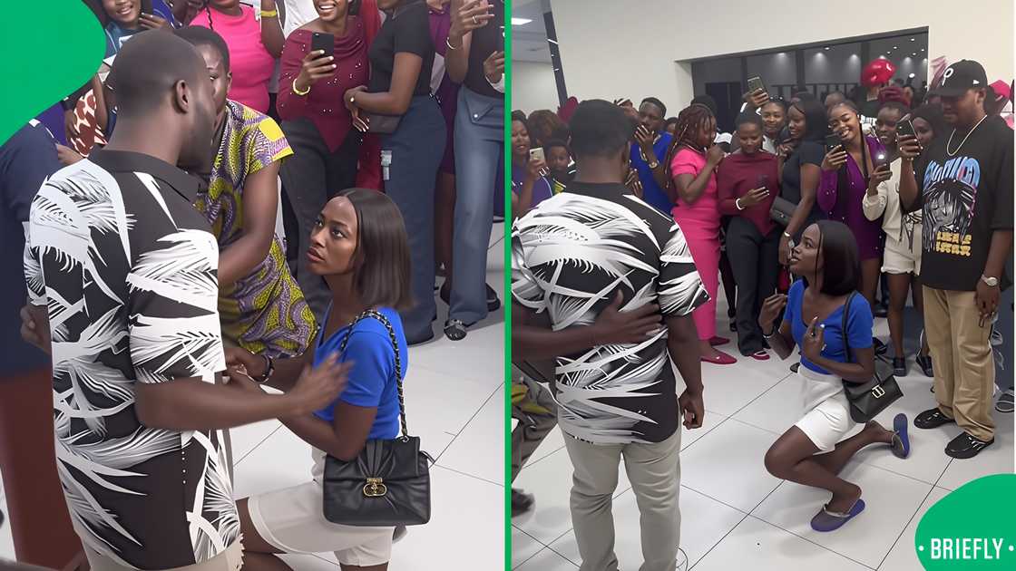 A woman was left kneeling after her man rejected her public proposal in front of a huge crowd. A woman was left kneeling after her man rejected her public proposal in front of a huge crowd.