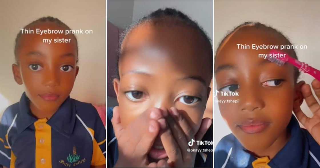 TikTok user @okayy.tshepii pretended to shave her little sis’ eyebrows, and she was shook