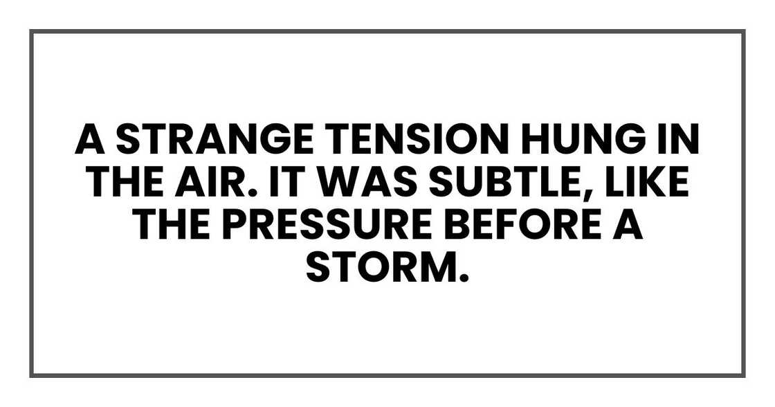 a strange tension hung in the air. It was subtle, like the pressure before a storm. a strange tension hung in the air. It was subtle, like the pressure before a storm.