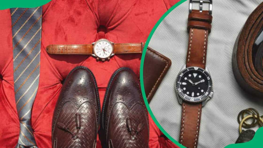 A brown shoe and accessories A brown shoe and accessories