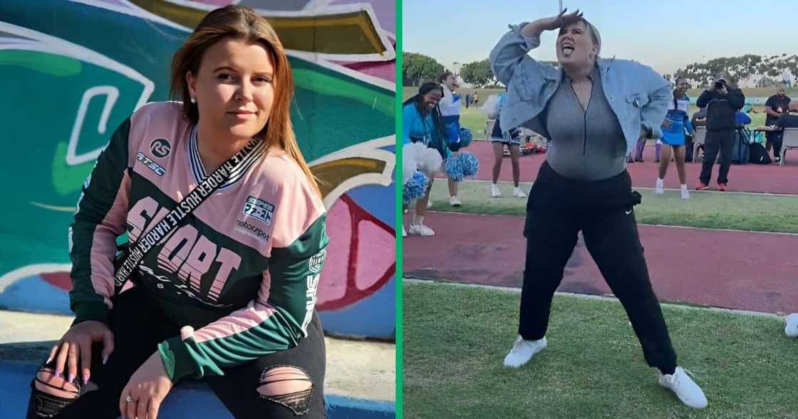 White woman dances and twerks with cheerleaders. White woman dances and twerks with cheerleaders.