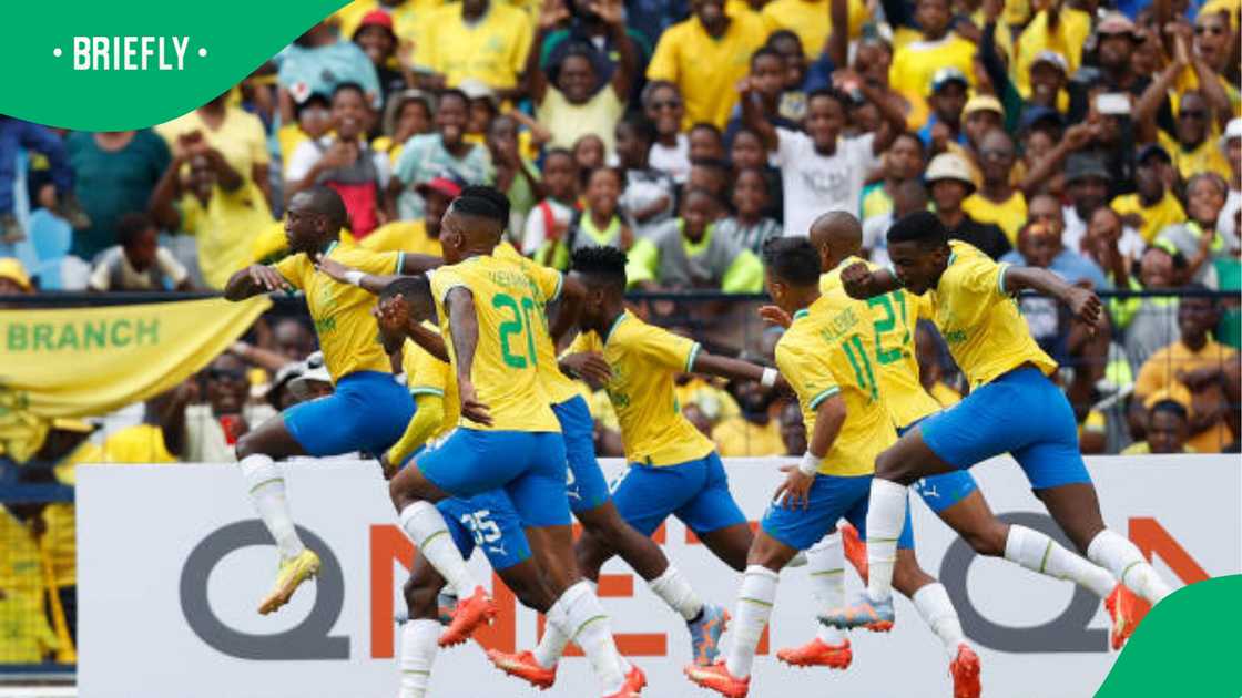 Mamelodi Sundowns players celebrate a goal during a CAF Champions League match Mamelodi Sundowns players celebrate a goal during a CAF Champions League match