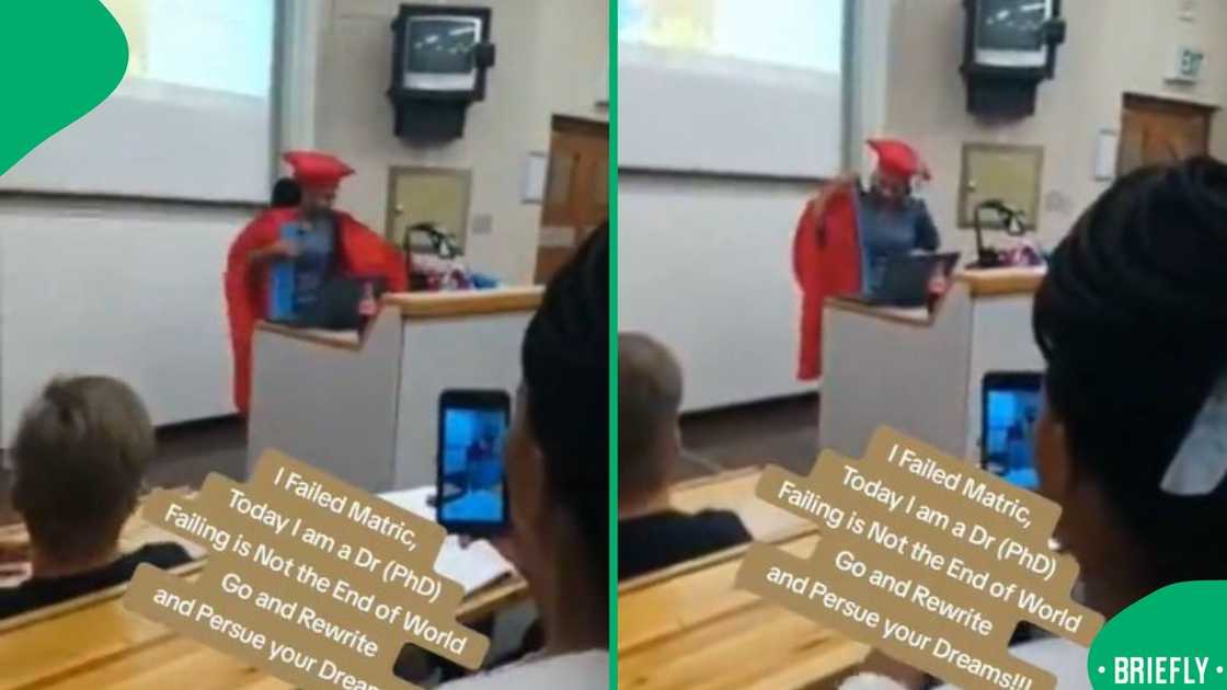 The screenshot on the right captured Dr Mos wearing a PhD red graduatioon regalia