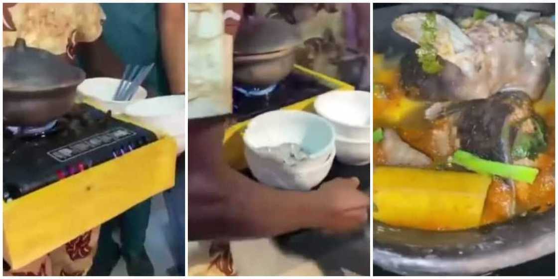 Nigerians react to video of guests being served food from hot stove and calabash at an occasion Nigerians react to video of guests being served food from hot stove and calabash at an occasion