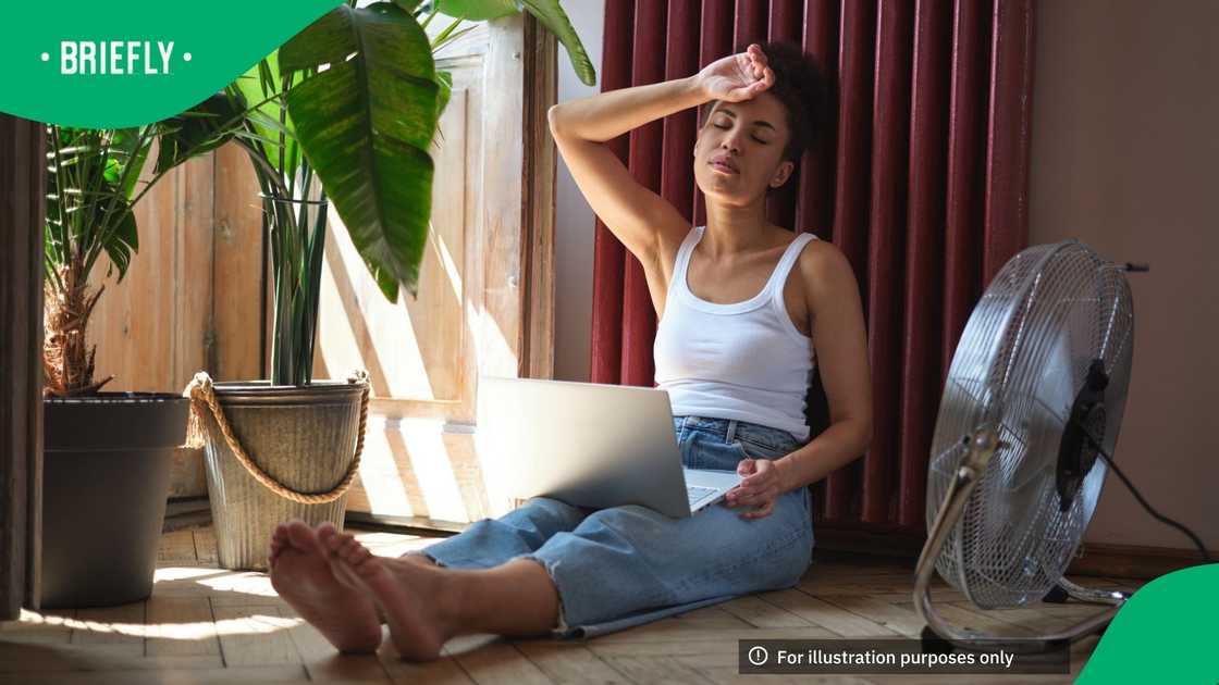 Woman freelancer suffering from summer heat while working online from home, sitting near electrical fan with laptop feeling uncomfortable. Work from home in a heatwave Woman freelancer suffering from summer heat while working online from home, sitting near electrical fan with laptop feeling uncomfortable. Work from home in a heatwave