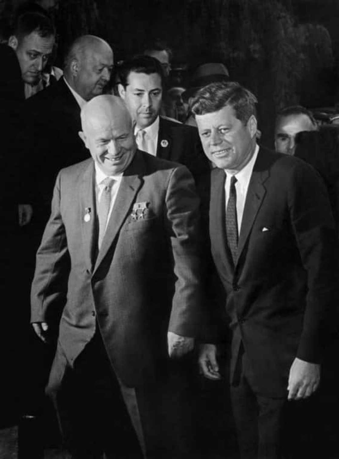 US President John Fitzgerald Kennedy (R) and Soviet leader Nikita  Khrushchev negotiated a end to the standoff