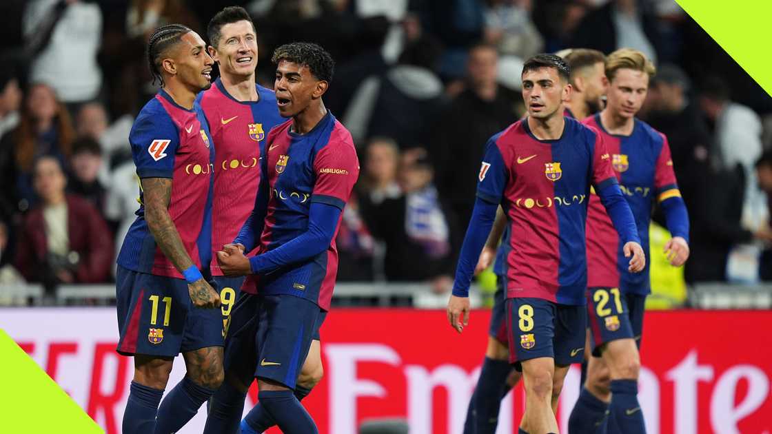 Barcelona players celebrated with zest after notching one of their four goals against Real Madrid in El Clasico.