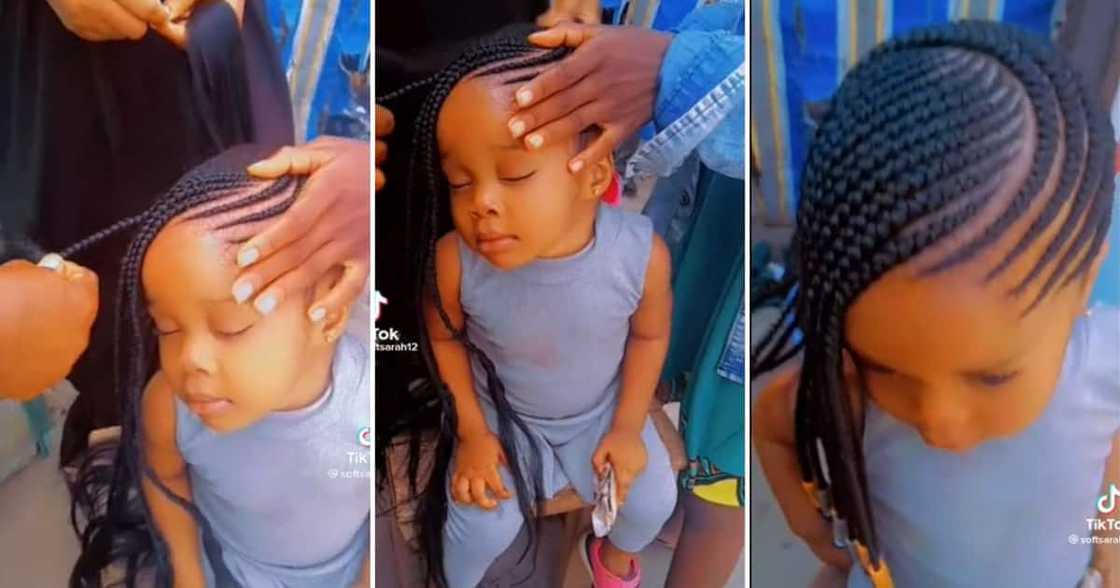 Girl crying while getting her hair braided