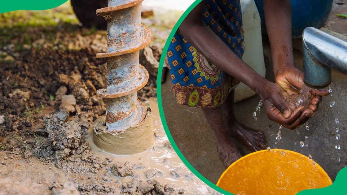 Extraction of water using a big steel industrial drill tool and a girl washing her hands at a borehole