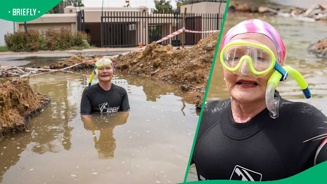 Helen Zille in a pothole. Helen Zille in a pothole.