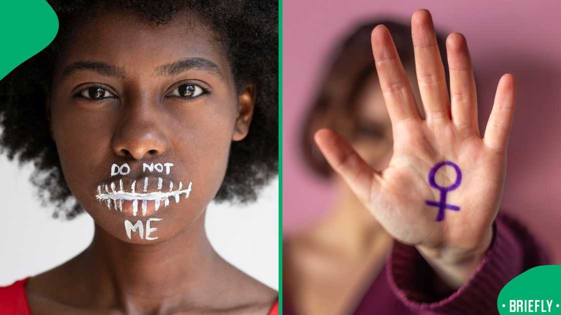 A close-up of a raised hand with a purple female-gender symbol drawn on the palm A close-up of a raised hand with a purple female-gender symbol drawn on the palm