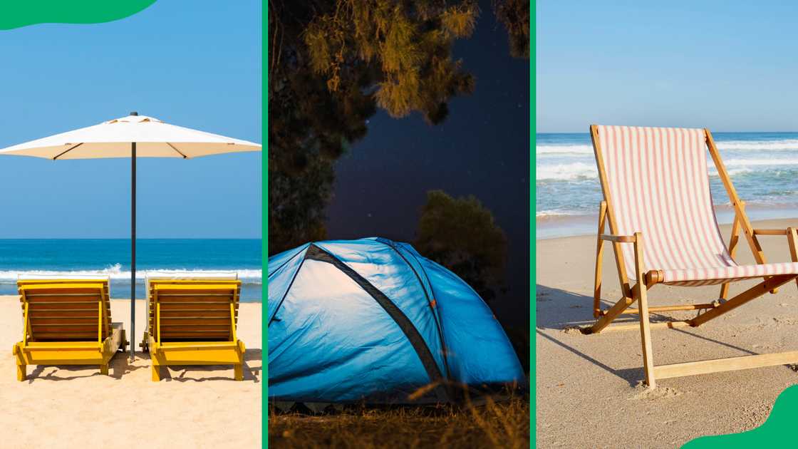 Beach umbrella and two beach chairs (L), blue beach tent (C) and beach chair (R)