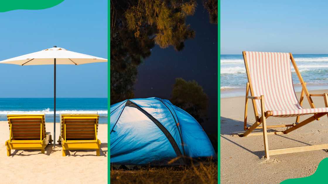 Beach umbrella and two beach chairs (L), blue beach tent (C) and beach chair (R) Beach umbrella and two beach chairs (L), blue beach tent (C) and beach chair (R)