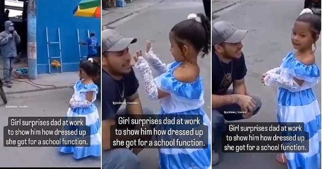 Little girl visits dad at workplace in fine dress, school event