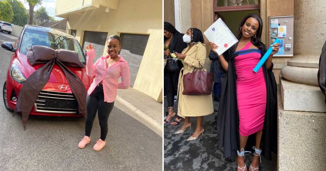 Twitter user Lupiwe Poswa on graduation and with her new car Twitter user Lupiwe Poswa on graduation and with her new car